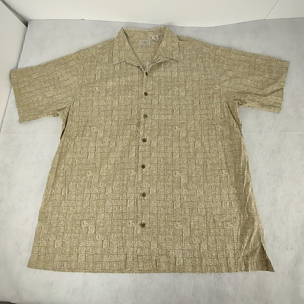 L.L. Bean 100% Cotton Tan Short Sleeve Button Down Hawaiian Shirt Size XLT